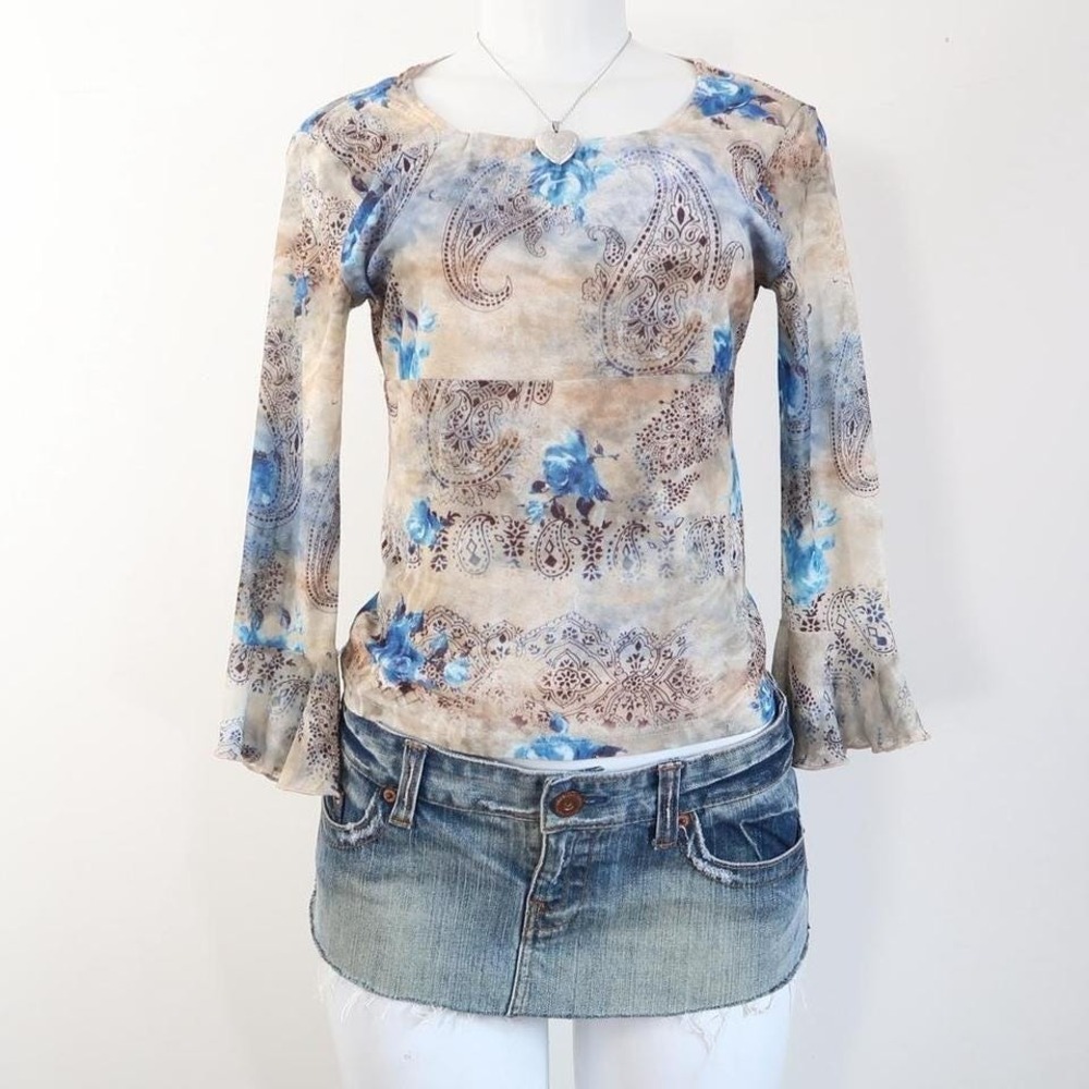 y2k blue paisley mesh bell sleeve top sheer milkmaid babydoll fairycore top